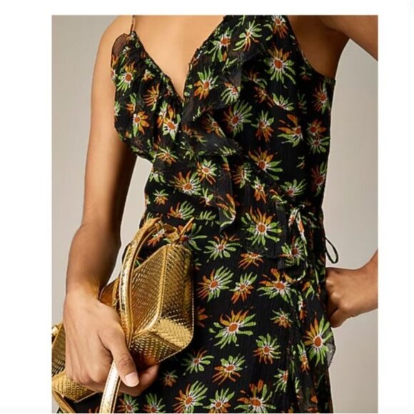 NWOT J.Crew Women's Sz 4 Flutter Wrap Dress Starburst Floral Black Multi Chiffon - Picture 3 of 16